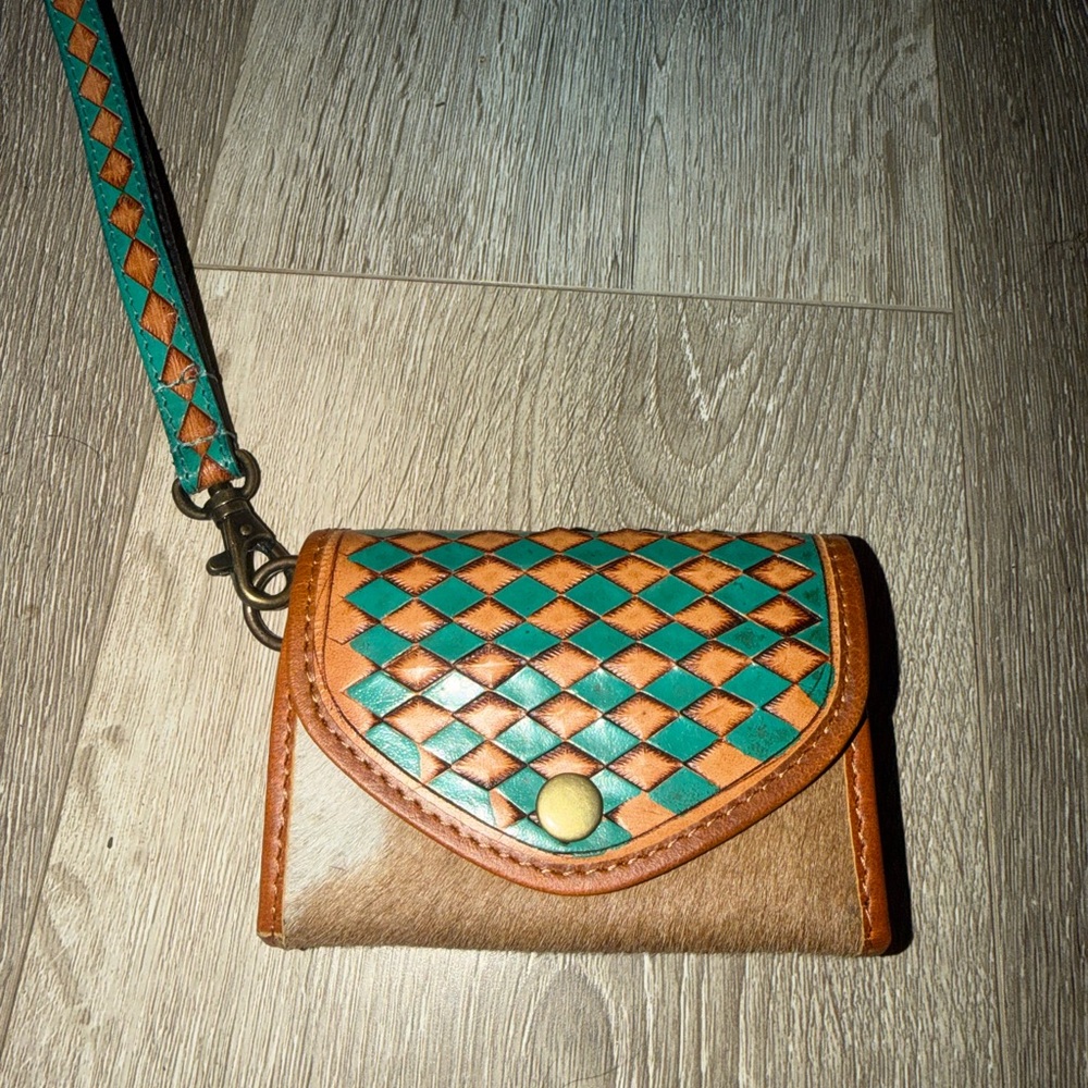 Source Unknown Teal and Tan Woven Leather Wristlet Card Holder